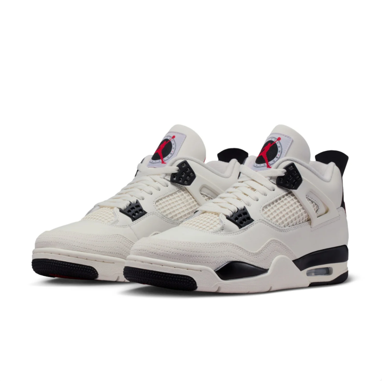 Air Jordan 4 Sneakers - Off-White and Black with Red Accents