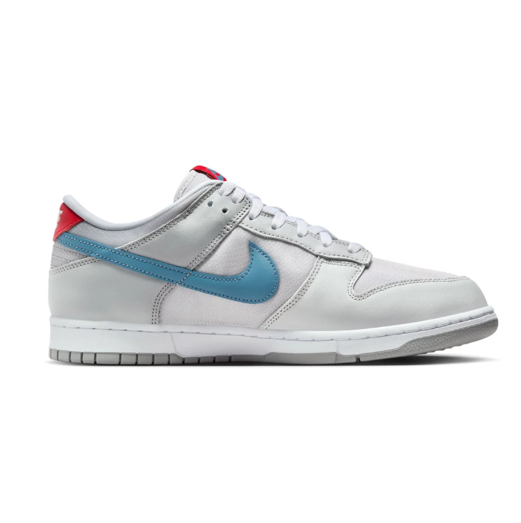 Nike Dunk Low Sneakers - Light Gray with Blue Swoosh and Red Accents