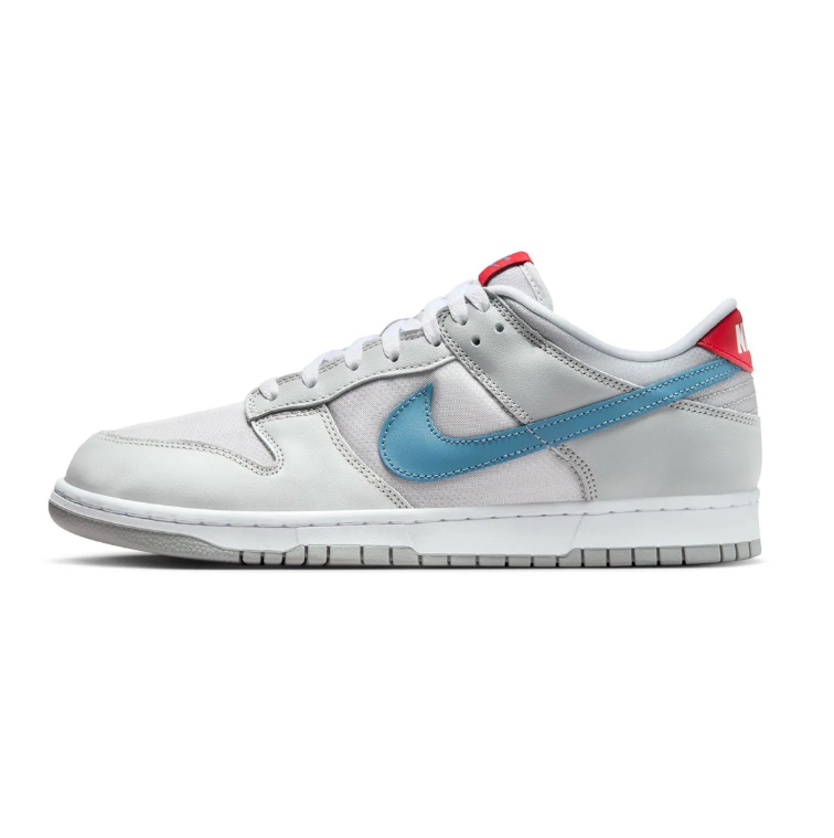 Nike Dunk Low Sneakers - Light Gray with Blue Swoosh and Red Accents