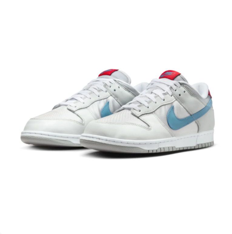 Nike Dunk Low Sneakers - Light Gray with Blue Swoosh and Red Accents
