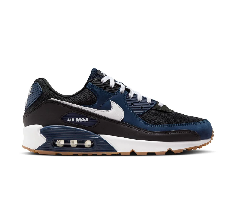 Nike Air Max 90 Sneakers - Black and Navy with White Accents and Gum Sole