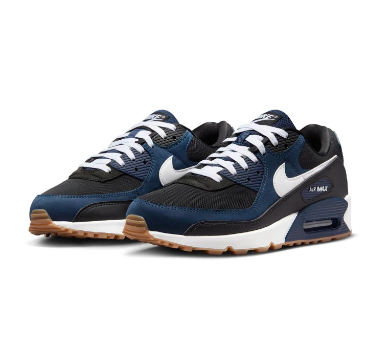 Nike Air Max 90 Sneakers - Black and Navy with White Accents and Gum Sole