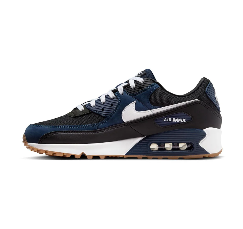 Nike Air Max 90 Sneakers - Black and Navy with White Accents and Gum Sole